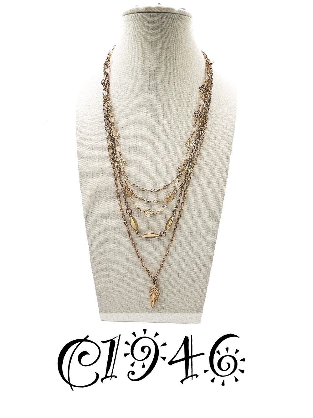 Gold-Tone Layered Necklace with Floral Accents, Crystal Beads and Leaf Pendant